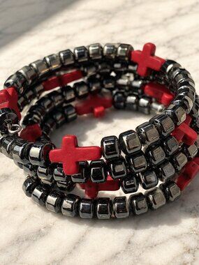 Black Hematite & Red Cross Charm Memory Wire Wrap Bracelet